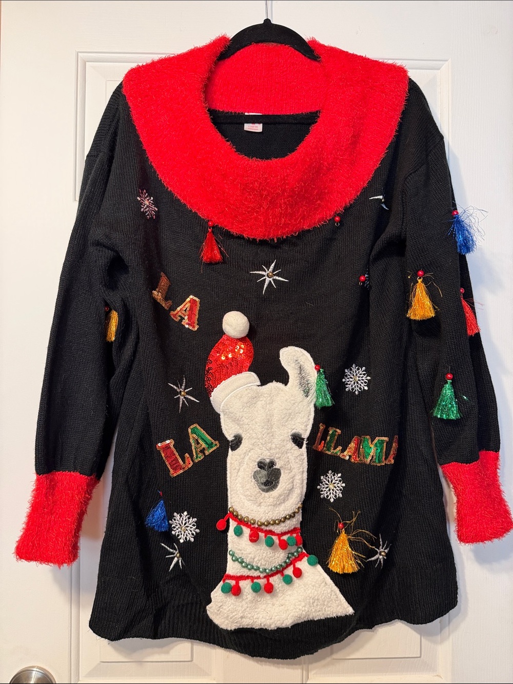 La La Llama Women's Black Sweater with Red Collar and Llama Appliqué